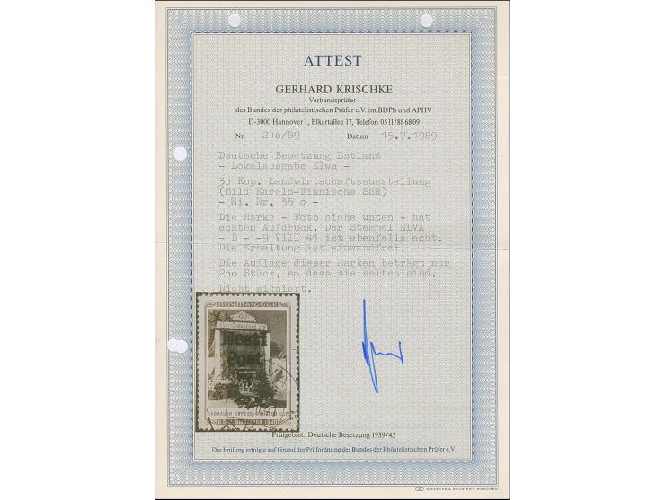 1941, Karelo-Finnische SSR 30 Kopeken mehrfarbig, farbfrisch und gut gezähnt, sauber gestempelt, tadellos, Fotoattest Krischk