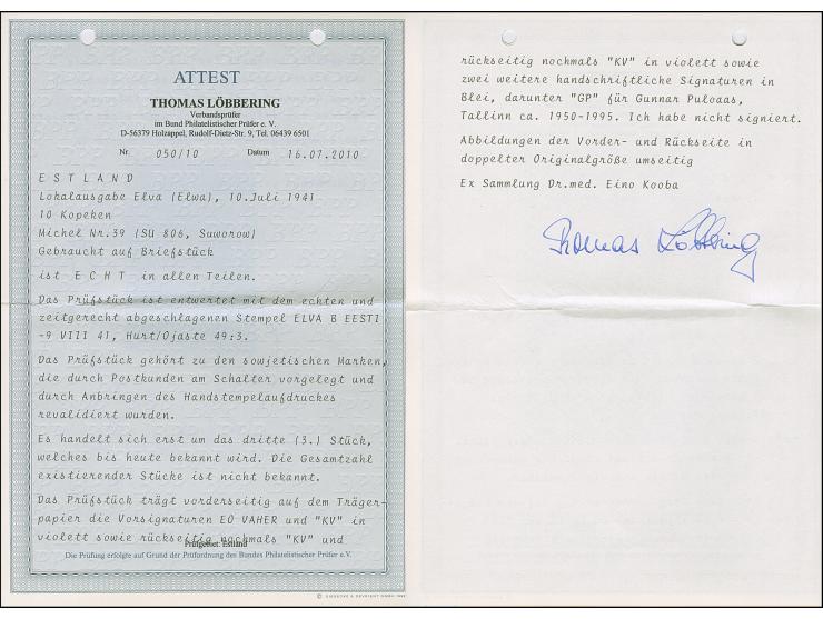 1941, Erstürmung Ismails 10 Kopeken dunkelgraugrün, farbfrisch und gut gezähnt, sauber mit Stempel “ELVA -9.VIII 41” auf Brie