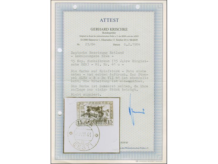 1941, Kirgisische SSR 15 Kopeken schwarzorangebraun, farbfrisch und gut gezähnt, sauber mit Stempel “ELVA 20.VII 41” auf Brie