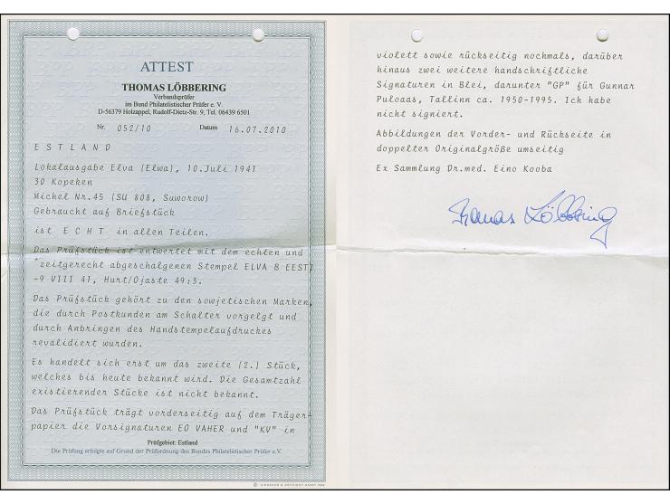 1941, Suworow 30 Kopeken blauschwarz, farbfrisch und gut gezähnt, sauber mit Stempel “ELVA -9.VII 41” auf Briefstück, tadello