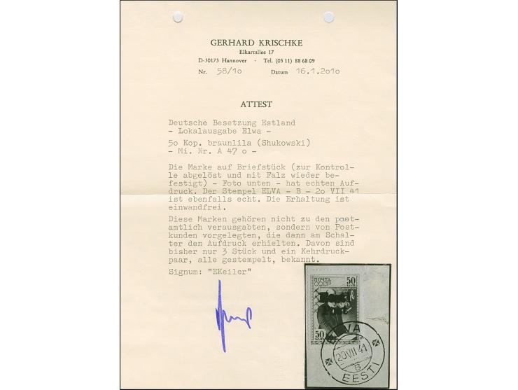 1941, Shukowski 50 Kopeken braunlila, &nbsp;farbfrisch und gut gezähnt, sauber mit Stempel “ELVA 20.VUII 41” auf Briefstück, 