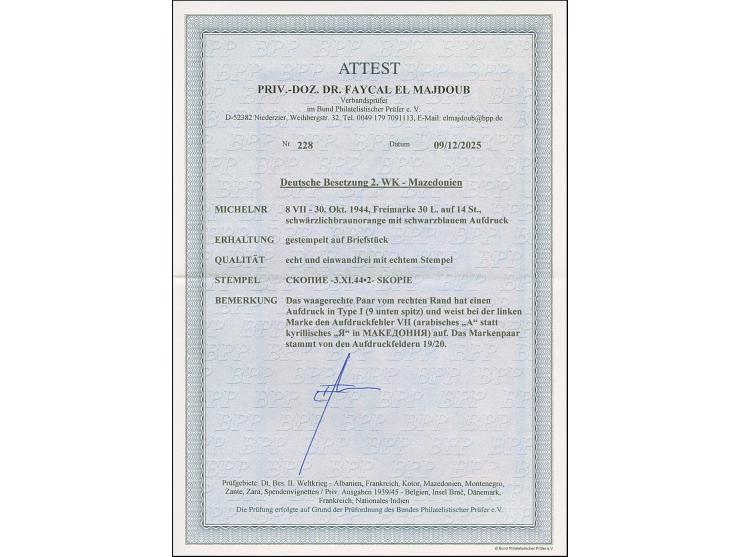 30 L. auf 14 St. mit Aufdruck in Type I und Aufdruckfehler “arabisches A statt kyrillisches R im Wort ”MAKEDONIA" (Feld 19) i