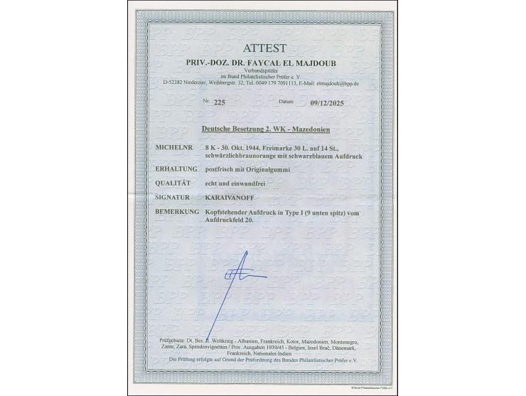 30 L. auf 14 St. mit kopfstehendem Aufdruck in Type I (Aufdruckfeld 20), postfrisch, in tadelloser Erhaltung, sign. Karaivano