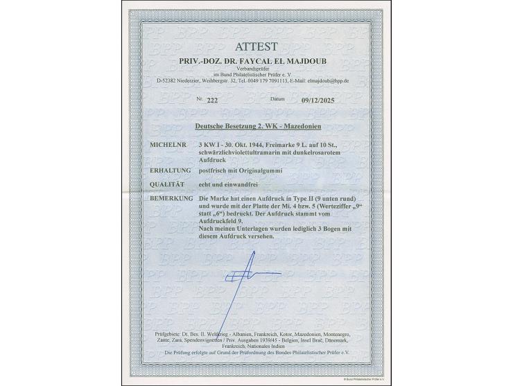 9 L. auf 10 St. mit Aufdruck in Type II mit der Platte der 9 L. auf 15 St. (Wertziffer “9” statt “6”), postfrisch, in tadello