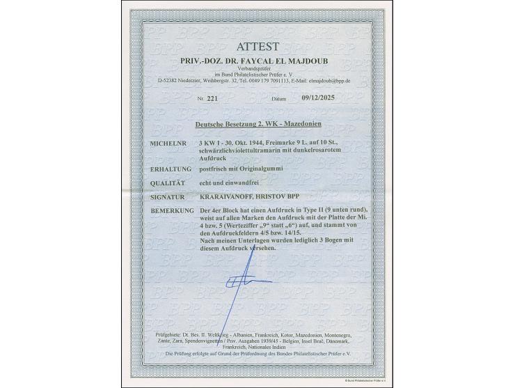 9 L. auf 10 St. mit Aufdruck in Type II mit der Platte der 9 L. auf 15 St. (Wertziffer “9” statt “6”) im Viererblock (Aufdruc