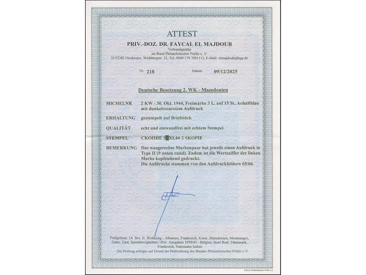 3 L. auf 15 St. mit Aufdruck in Type II und Aufdruck-Abart “Wertziffer 3 kopfstehend” im waagerechten Paar mit Normalmarke, m