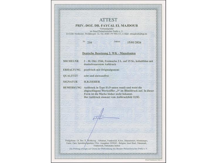 3 L. auf 15 St. mit Aufdruck in Type II und Abart “Wertziffer 3 fehlend” (als Blinddruck), postfrisch und in tadelloser Erhal