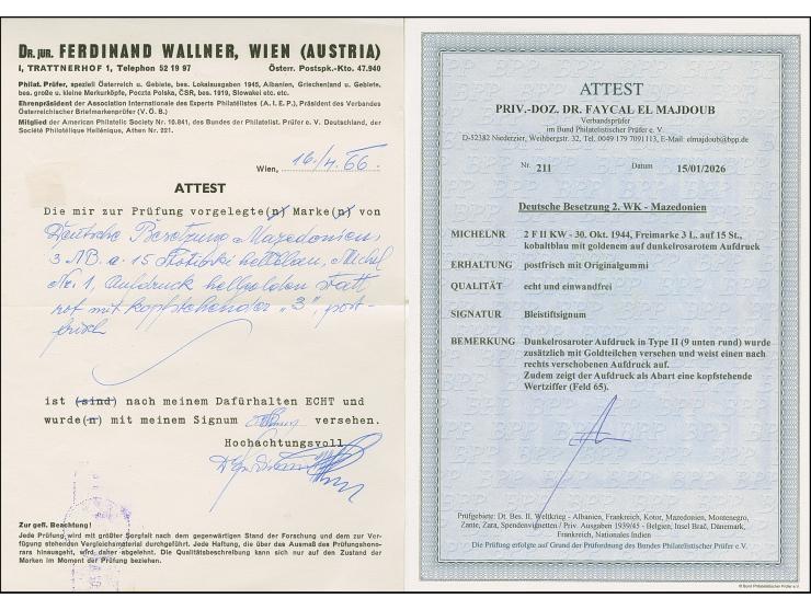 3 L. auf 15 St. mit Gold auf dunkelrosarotem, leicht nach rechts verschobenen Aufdruck in Type II mit zusätzlicher Aufdruck-A