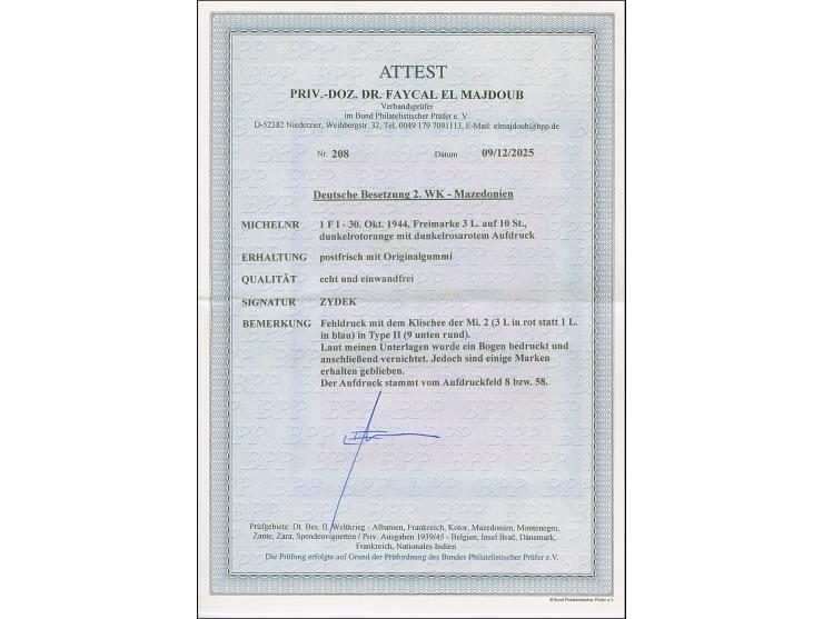 Fehldruck 3 L. auf 10 St. mit rotem Aufdruck in Type II (Aufdruck mit Klischee der Mi.-Nr. 2), postfrisch und in tadelloser E