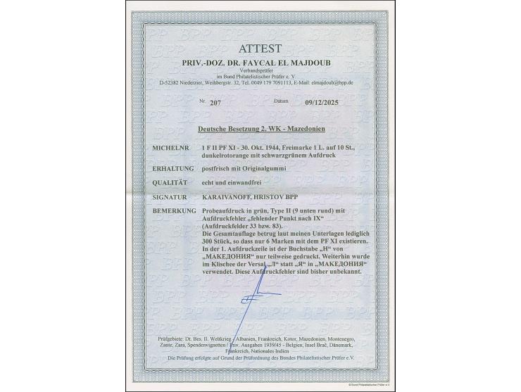 Probeaufdruck 1 L. auf 10 St. mit grünem Aufdruck in Type II und Aufdruckfehler “fehlender Punkt nach IX” bzw. im Aufdruck “М