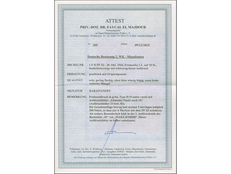 Probeaufdruck 1 L. auf 10 St. mit grünem Aufdruck in Type II und Aufdruckfehler “fehlender Punkt nach IX” bzw. im Aufdruck “М