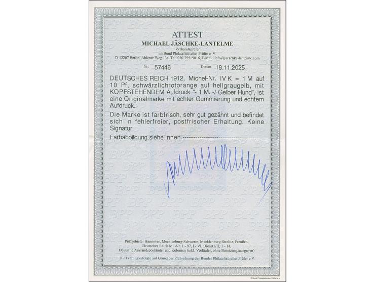 1912, Rhein/Main, Gelber Hund 1M. mit kopfstehendem Aufdruck, postfrisch, unsigniert und tadellos. Eine in dieser Erhaltung s