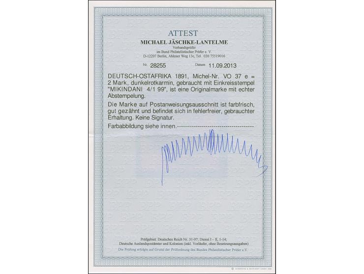 1891, 2 M. dunkelrotkarmin mit klarem Stempel “MIKINDANI 4.1.99” auf Postanweisungs-Briefstück, in tadelloser Erhaltung, Foto