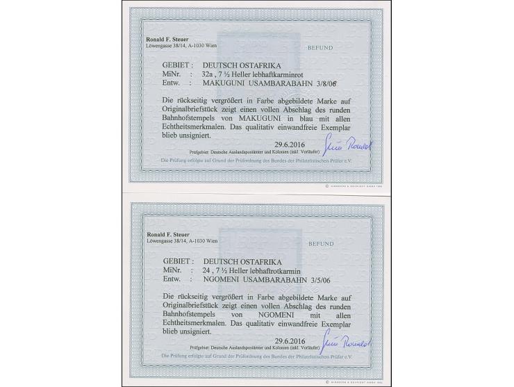 “MAKUGUNI USAMBARABAHN 3.8.08" und “NGOMENI USAMBARABAHN 3.5.06” jeweils klar auf Kaiseryacht 7½ H. ohne bzw. mit Wasserzeich