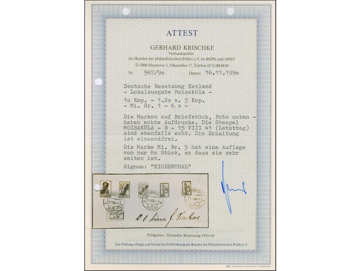 1941, 10 Kopeken - 1,20 auf 5 Kopeken, je farbfrisch und gut gezähnt, sauber mit Stempel “MOISAKÜLA 15 VIII 41” auf großem Br