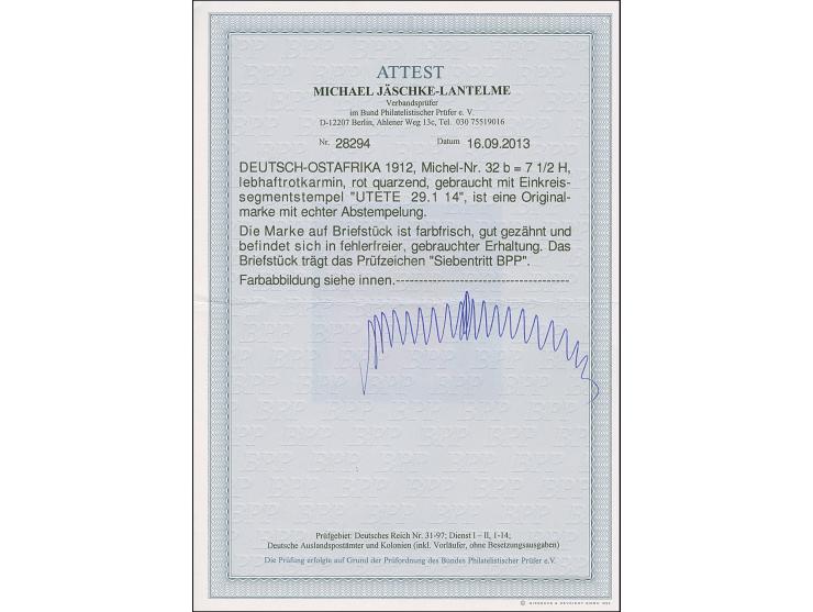 “UTETE (DOA) 29.1.14” klar auf Kaiseryacht 7½ H. mit Wasserzeichen auf Brieftück, in tadelloser Erhaltung, Fotoattest Jäschke