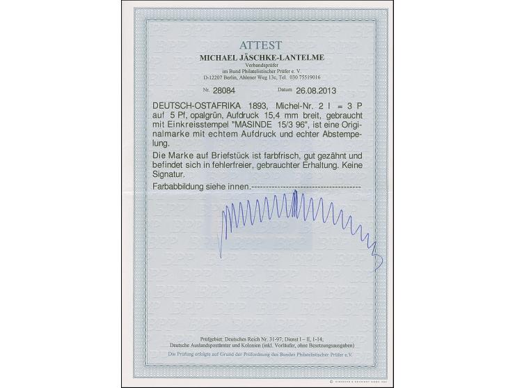 “MASINDE 15.3.96” klar und praktisch kpl. auf Ausgabe 1893/96 3 P. auf 5 Pfg. auf Briefstück, in tadelloser Erhaltung, Fotoat