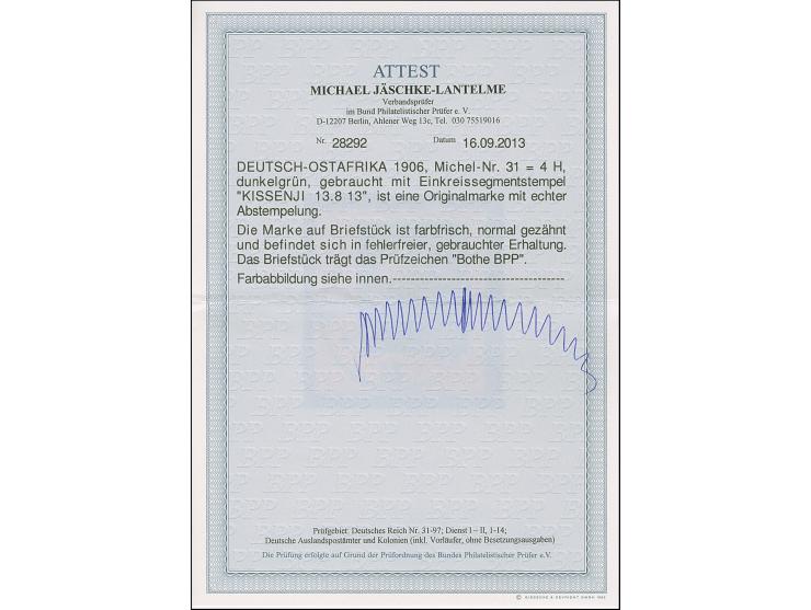 “KISSENJI (DOA) 13.8.13” sehr klar auf Kaiseryacht 4 H. mit Wasserzeichen auf Briefstück, in tadelloser Erhaltung. Ein sehr s