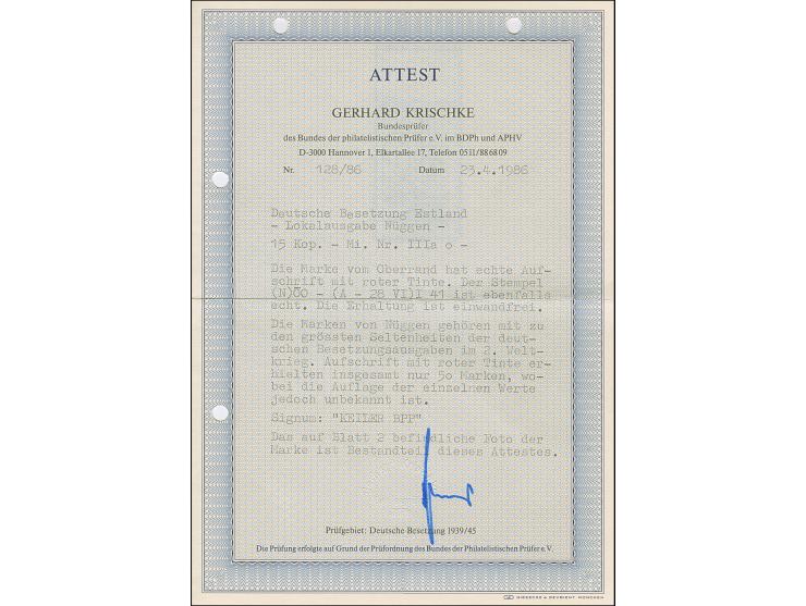 1941, “Eesti post”, handschriftlicher Aufdruck in roter Tinte: 15 Kopeken, Oberrandstück, farbfrisch und gut gezähnt, sauber 