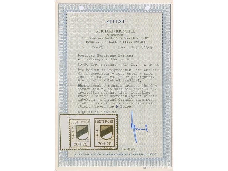 1941, Wappenschild 20 Kopeken, gezähnt, Type II, waagerechtes Seitenrandpaar, farbfrisch und gut gezähnt, mittig ungezähnt, p