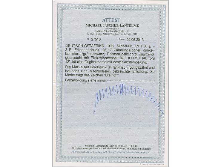 1908, Friedensdruck 3 R. dunkelkarminrot/grünschwarz (Rahmen gelblichrot quarzend) mit Stempel “WILHELMSTHAL DOA 5.9.12” auf 