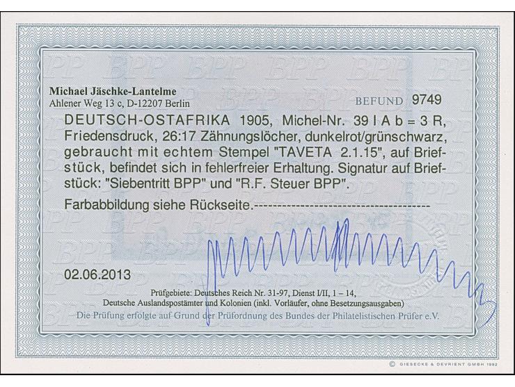 1908, Friedensdruck 3 R. dunkelrot/grünschwarz mit Stempel “TAVETA DOA 2.1.15” auf Briefstück in einwandfreier Erhaltung, sig