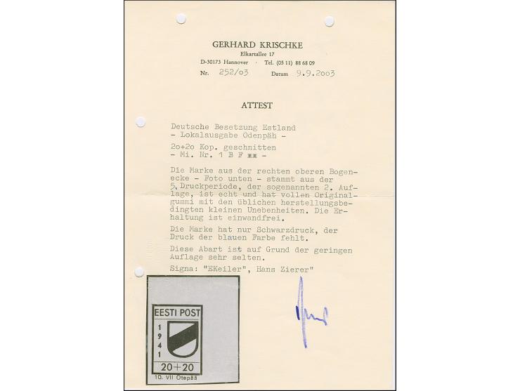 1941, Wappenschild 20 Kopeken, geschnitten, Type II, rechte obere Bogenecke, ohne Blaudruck, postfrisch, tadellos, sehr selte