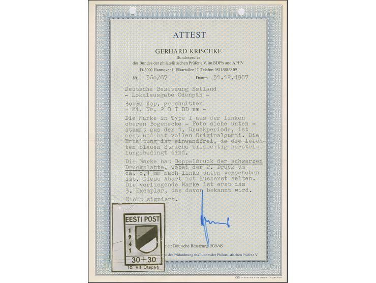 1941, Wappenschild 30 Kopeken, geschnitten, Type I, linke obere Bogenecke, mit klarem Doppeldruck der schwarzen Druckplatte, 