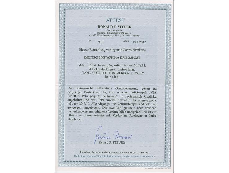 1915, Kaiseryacht 4 H. mit Wasserzeichen als Zufrankatur auf Ganzsachenkarte 4 H. mit Stempel “TANGA DOA a 9.9.15” &nbsp;und 