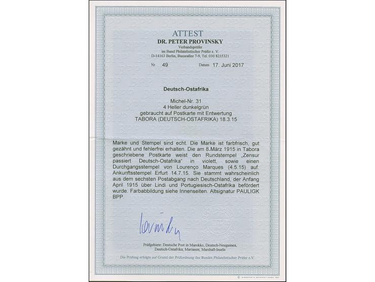 1915, Kaiseryacht 4 H. mit Wasserzeichen und Stempel “TABORA (DOA) 18.3.15” auf selbst gefertigter Postkarte mit violettem Ze