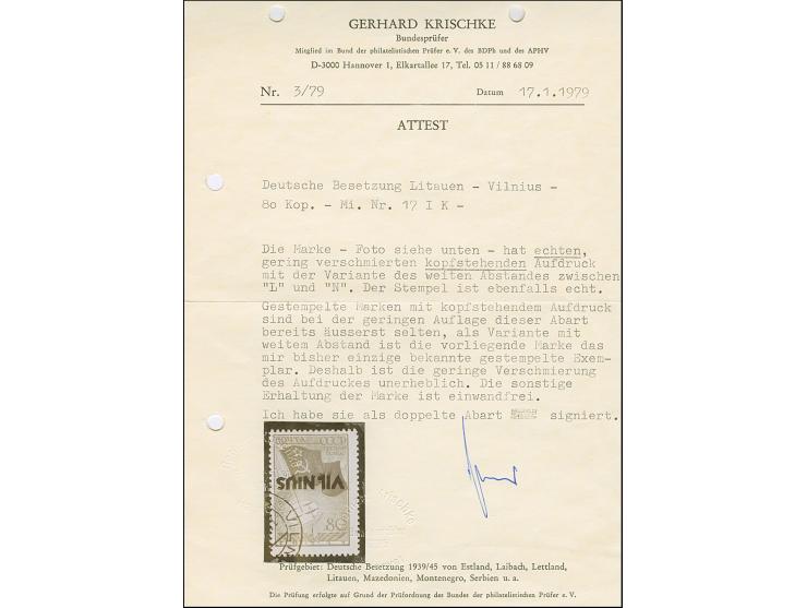 1941, Nordpol 80 Kopeken karmin, mit kopfstehendem Aufdruck mit Aufdruckfehler “weiter Abstand zwischen L und N in VILNIUS”, 