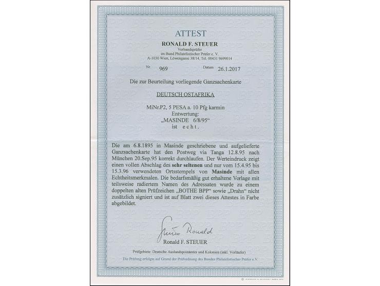 “MASINDE 6.8.95” klar auf Ganzsachenkarte 5 P. auf 10 Pfg. mit Text via Tanga nach München mit vorderseitigem Ankunftsstempel