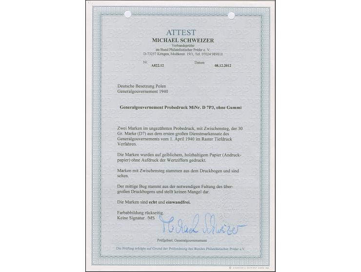 1940, Hoheitszeichen 30 Groschen, ohne Wertziffer, ungezähnter Probedruck auf gelblichem, ungummiertem Andruckpapier, waagere