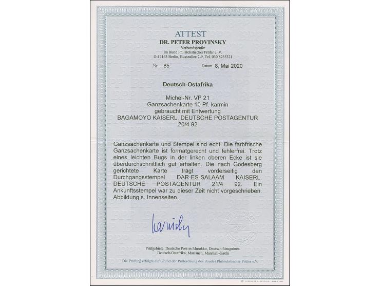 1890, Ganzsachenkarte Krone/Adler 10 Pfg. mit klarem Stempel “BAGAMOYO KDPAg 20.4.92” und viel Text via “DAR-ES-SALAAM KDPAg 