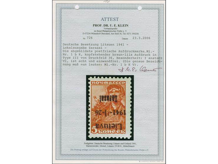 1941, 5 Kopeken dunkelbräunlichrot, braunroter Aufdruck, farbfrisch und gut gezähnt, mit Aufdruckfehler kopfstehender Aufdruc