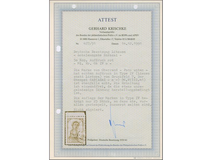 50 Kopeken braun, braunroter Aufdruck, Oberrandstück mit Aufdruckfehler “Lieuva statt Lietuva”, sauber gestempelt, winzig alt