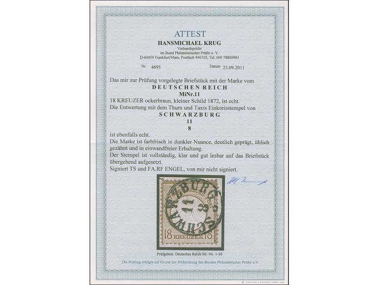 18 Kr. ockerbraun, farbfrisch in dunklerer Nuance mit sehr klarem Taxis-EKr. “SCHWARZBURG 11.8.” auf Briefstück, Die Marke is