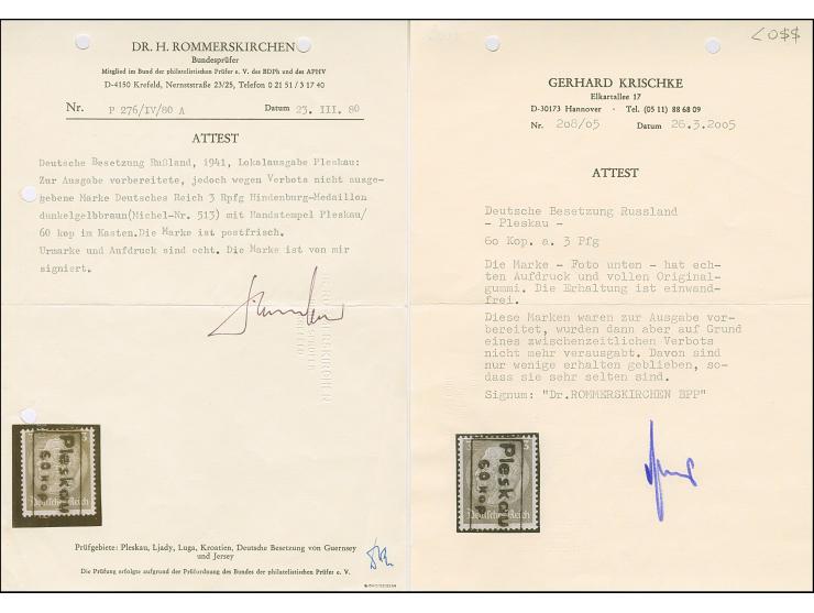 1941, Nicht ausgegeben: Hindenburg 3 Pfennig braun mit Handstempelaufdruck “Pleskau 60 Kop”, postfrisch, ganz leichte Drucksp