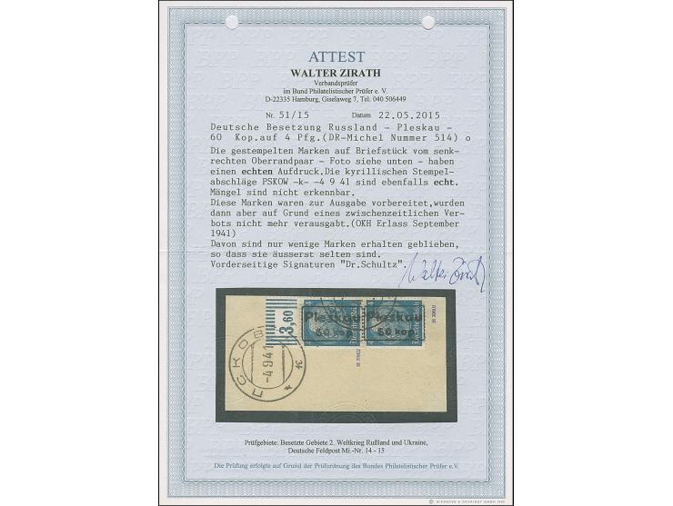 1941, Nicht ausgegeben: Hindenburg 4 Pfennig schwärzlichgrauultramarin mit Handstempelaufdruck “Pleskau 60 Kop”, senkrechtes 