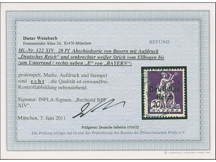 1920, Bayern Abschied 20 Pfg. mit Plattenfehler “senkrechter weißer Strich vom Ellbogen bis zum Unterrand”, gestempelt, in ei