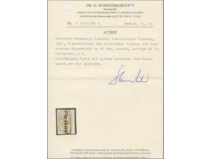 1941, “Pleskau”, Handstempel ohne Wertangabe, Probeaufdruck auf 60 Kopeken lilarot, farbfrisch und gut gezähnt, postfrisch, t