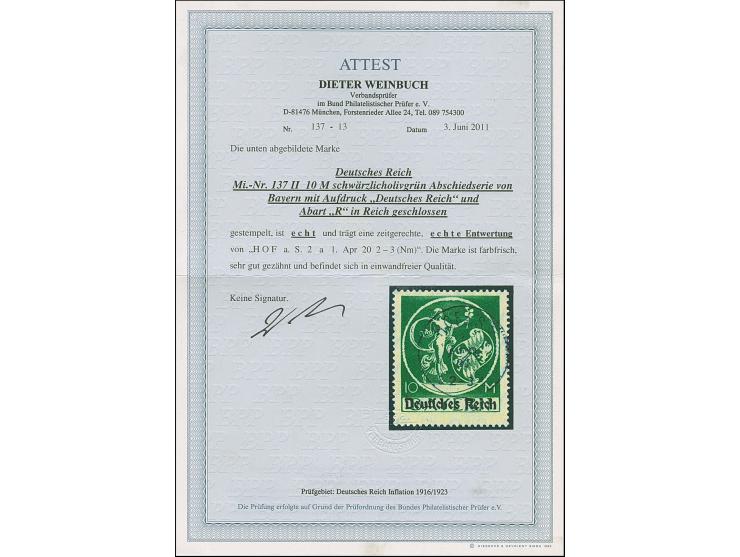 Bayern-Abschied 3-20 M. mit Aufdrucktype II kpl. sauber gestempelt bzw. auf Briefstück, in einwandfreier Erhaltung, sign. Wei