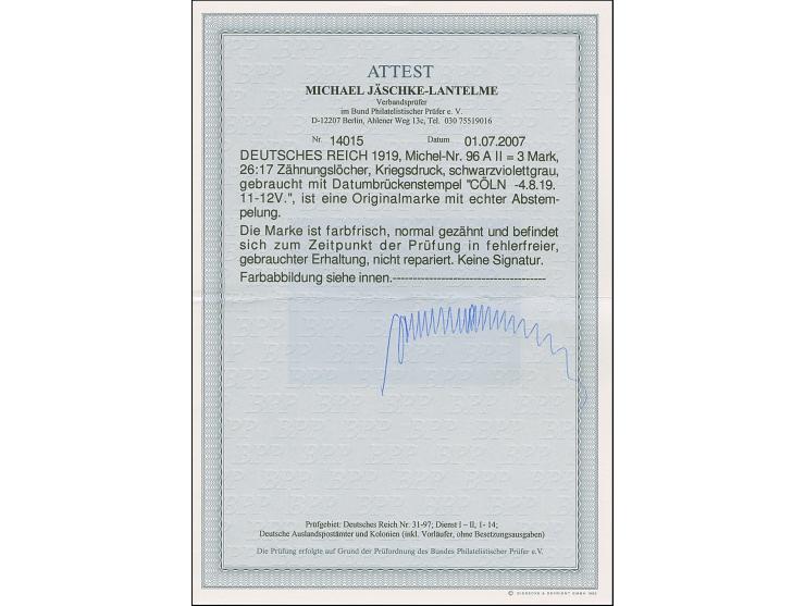 &nbsp;Kriegsdruck &nbsp;3 M. schwarzviolettgrau mit 26:17 Zähnungslöchern, sauber gestempelt, in einwandfreier Erhaltung,, Fo