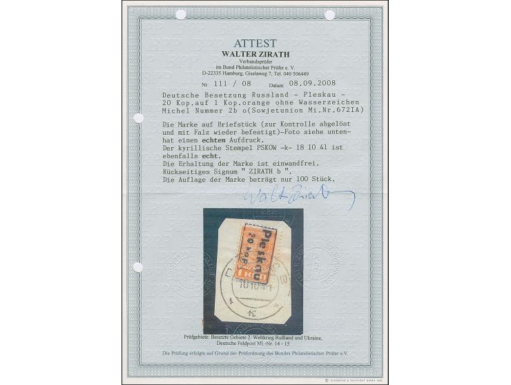 1 Kopek schwärzlichorange, ohne Wasserzeichen, farbfrisch und gut gezähnt, sauber mit Stempel "PSKOW 18 10 41" auf Briefstück