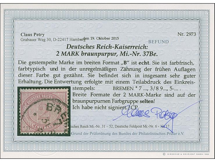 2 M. braunpurpur im breiten Format, farbfrisch und typisch gezähnt, gestempelt, in einwandfreier Erhaltung. Breite Formate de