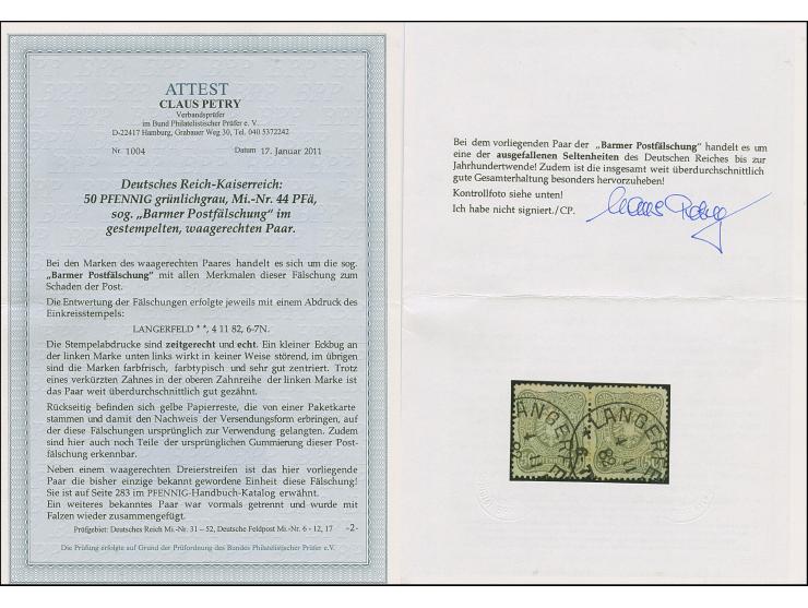 Barmer Postfälschung 50 Pfg. grünlichgrau im waagerechten Paar mit jeweils klarem EKr. “LANGERFELD ** 4.11.82” und rückseitig