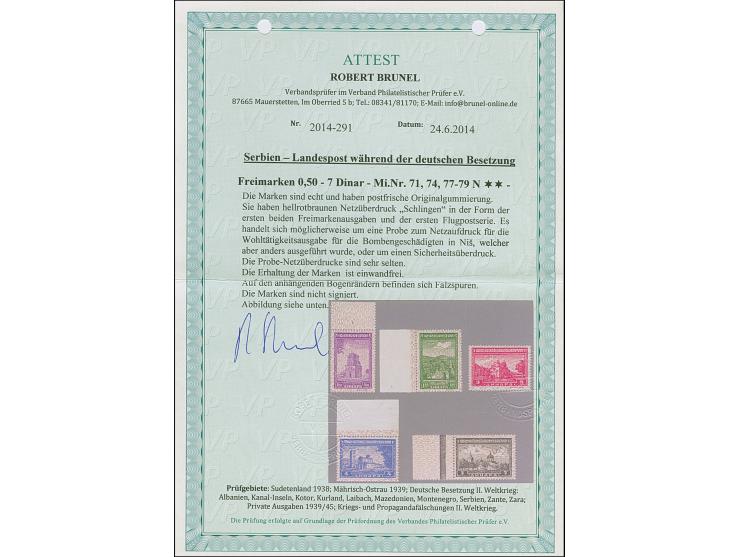 1942, Serbische Klöster 0,50 und 1,50 Dinar sowie 3-7 Dinar mit hellrotbraunem Netzüberdruck "Schlingen". Es handelt sich mög