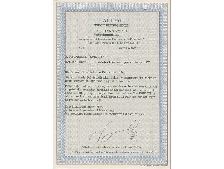 1943, ungezähnter Probedruck, 0,50 Dinar braunschwarz, waagerechtes Paar auf ungummiertem Papier, winzig knittrig, sonst tade