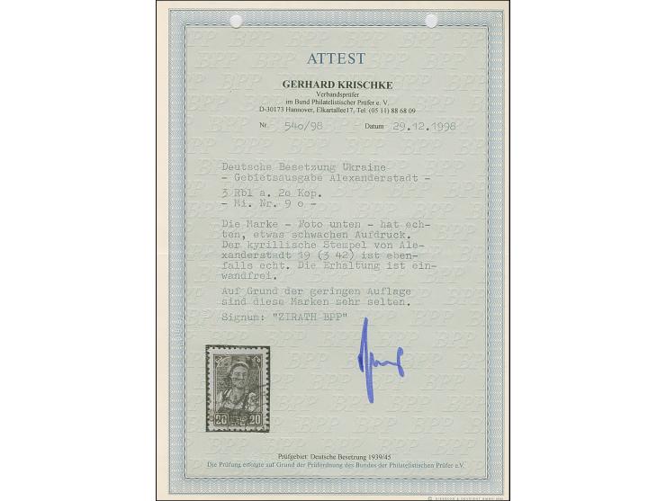 1942, Aufdrucktype III Hakenkreuz 4mm: 3 Rubel auf 20 Kopeken schwarzgelbgrün, farbfrisch und gut gezähnt, sauber Teilabschla