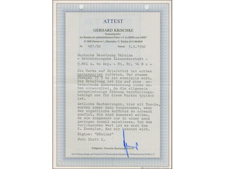 1942, Aufdrucktype III Hakenkreuz 4mm: 5 Rubel auf 40 Kopeken dunkelbraunlila, mit amtlicher Nachmalung des Aufdrucks, farbfr